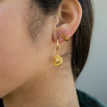 18K Gold PVD Stainless Steel Evil Eye Huggie Charm Earrings