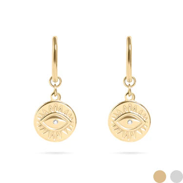18K Gold PVD Stainless Steel Evil Eye Huggie Charm Earrings