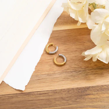 18K Gold PVD Stainless Steel Mixed Metal Round Huggie Earrings
