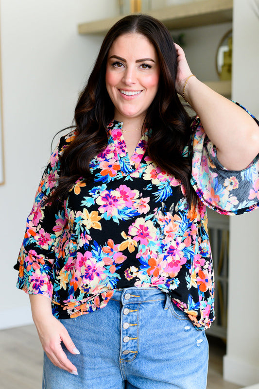 Sara Bell Sleeve Top Black and Teal Tropical Floral