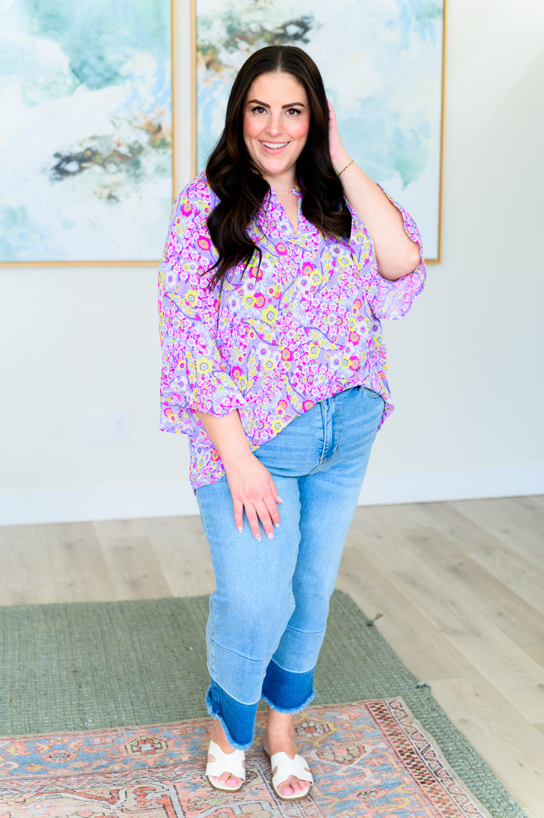 Sara Bell Sleeve Top in Lavender Retro Ditsy Floral