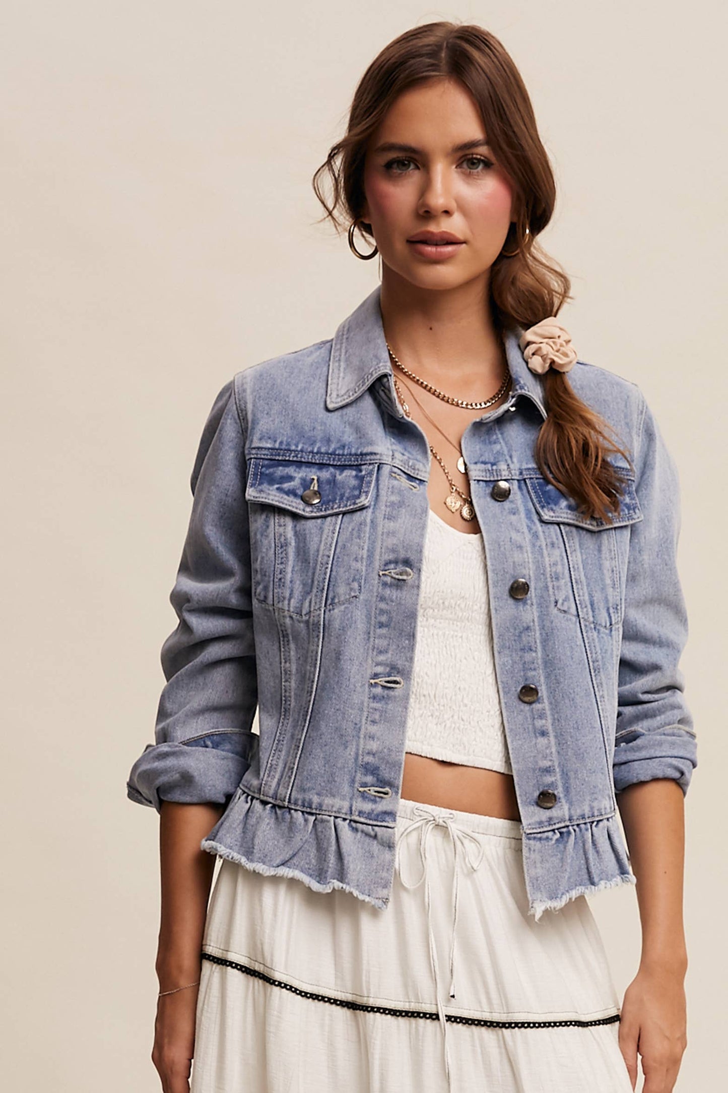 Ruffled Hem Denim Jacket