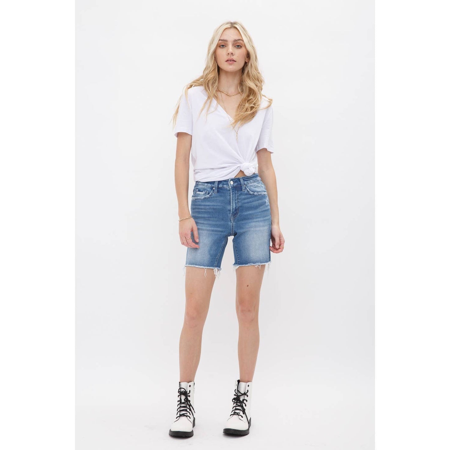 High Rise Stretch Midi Shorts - Vintage Style