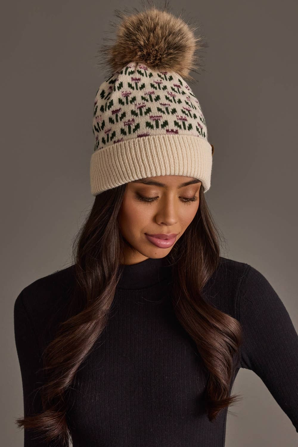 Cream Small Floral Pattern Knit Pom Hat