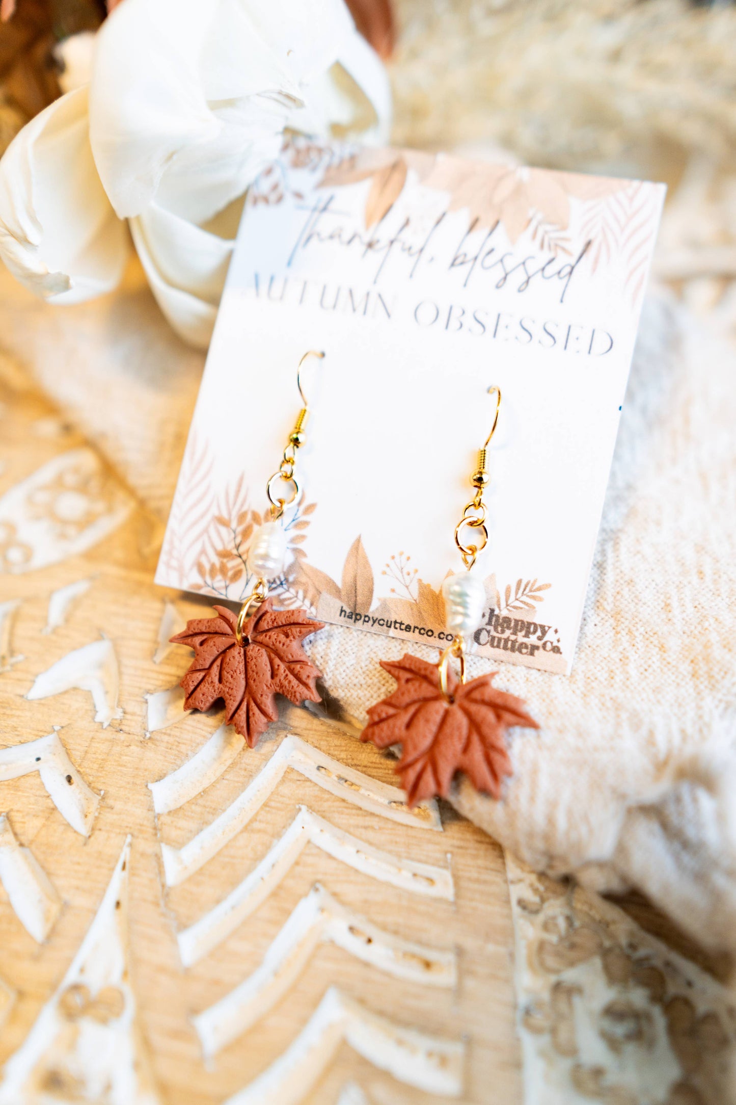 Orange Autumn Fall Maple Leaf Pearl Dangle Clay Earrings