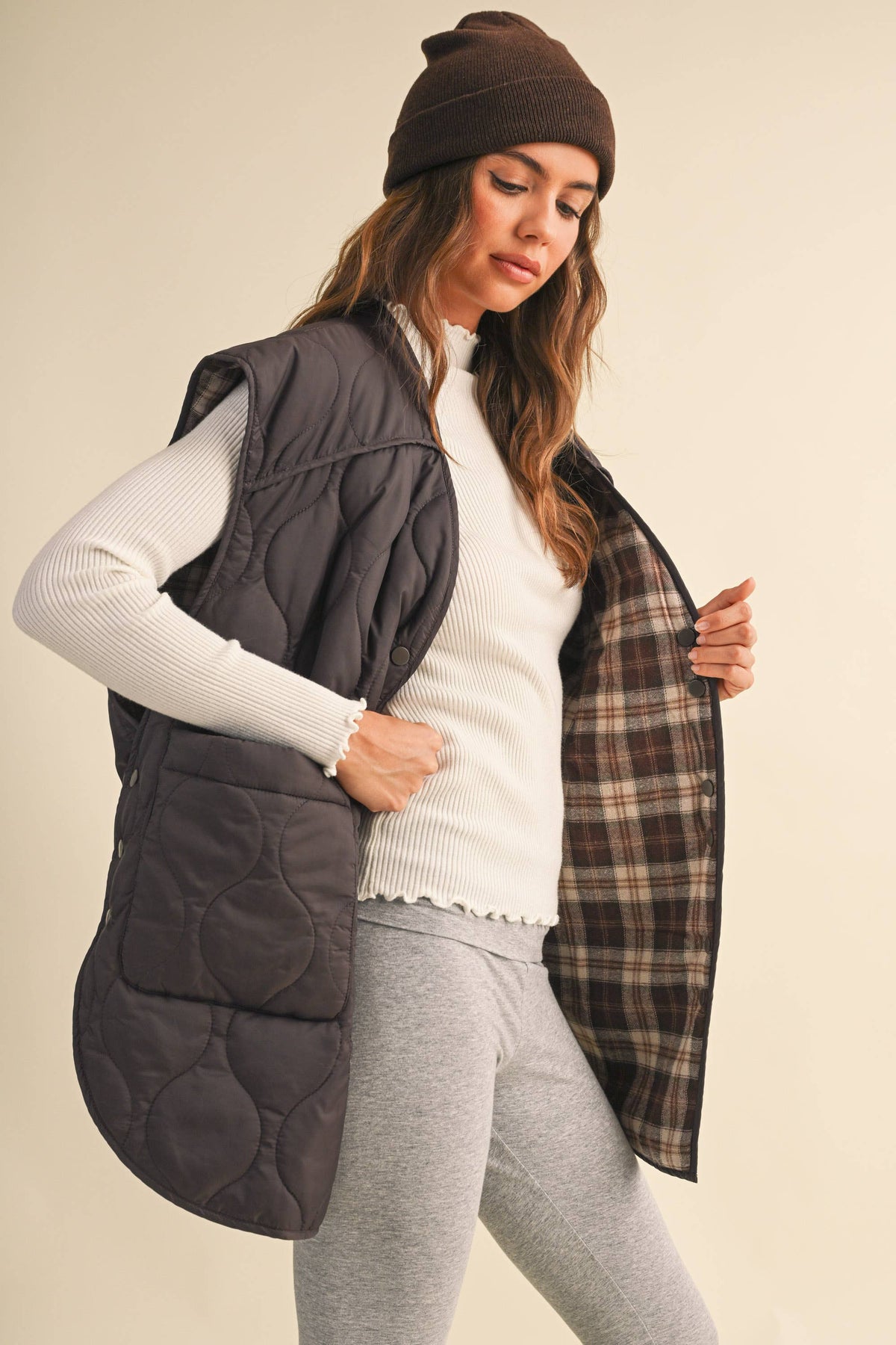 Oversized Reversible Quilted Plaid Vest