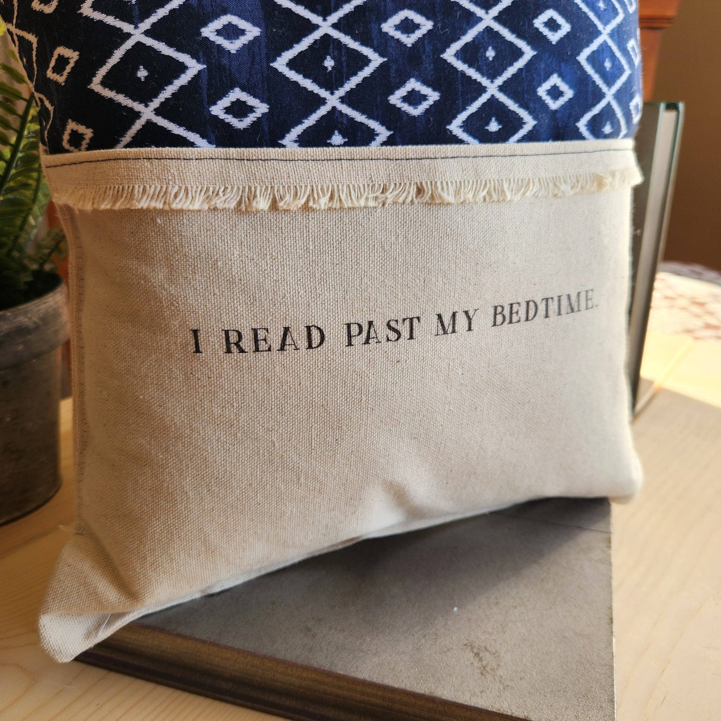 I read past my Bedtime, Reading Pillow, navy geometric