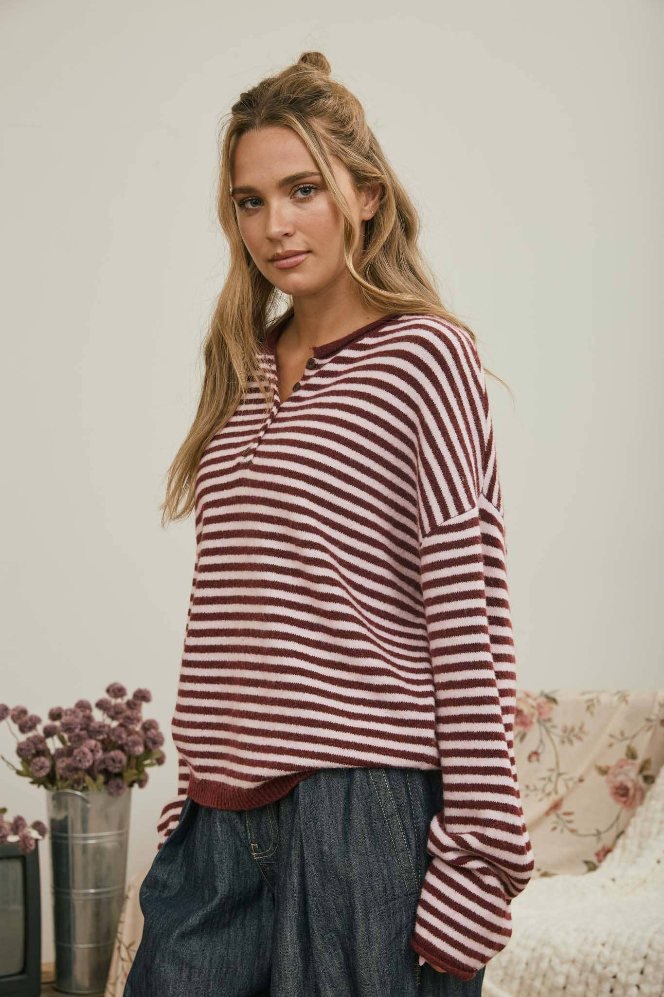 Button Henley Stripe Knit
