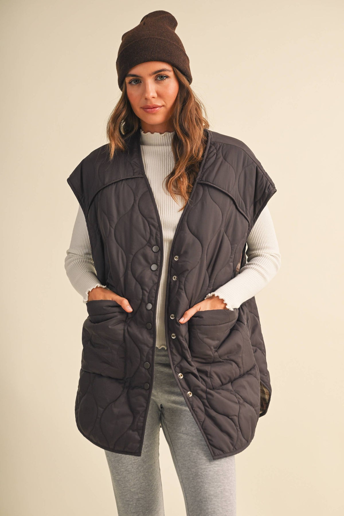 Oversized Reversible Quilted Plaid Vest