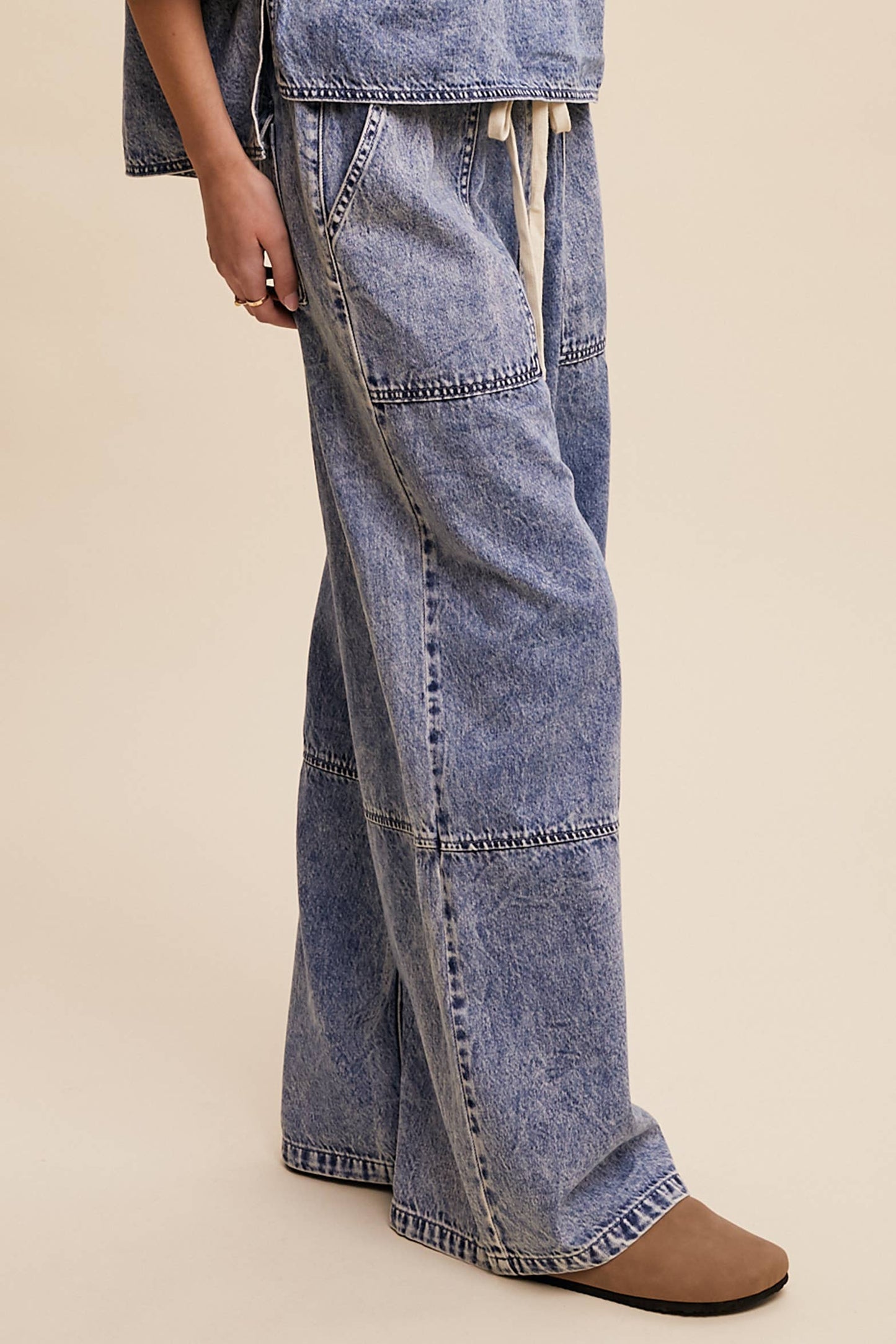 Wide-Leg Denim Drawstring Pants