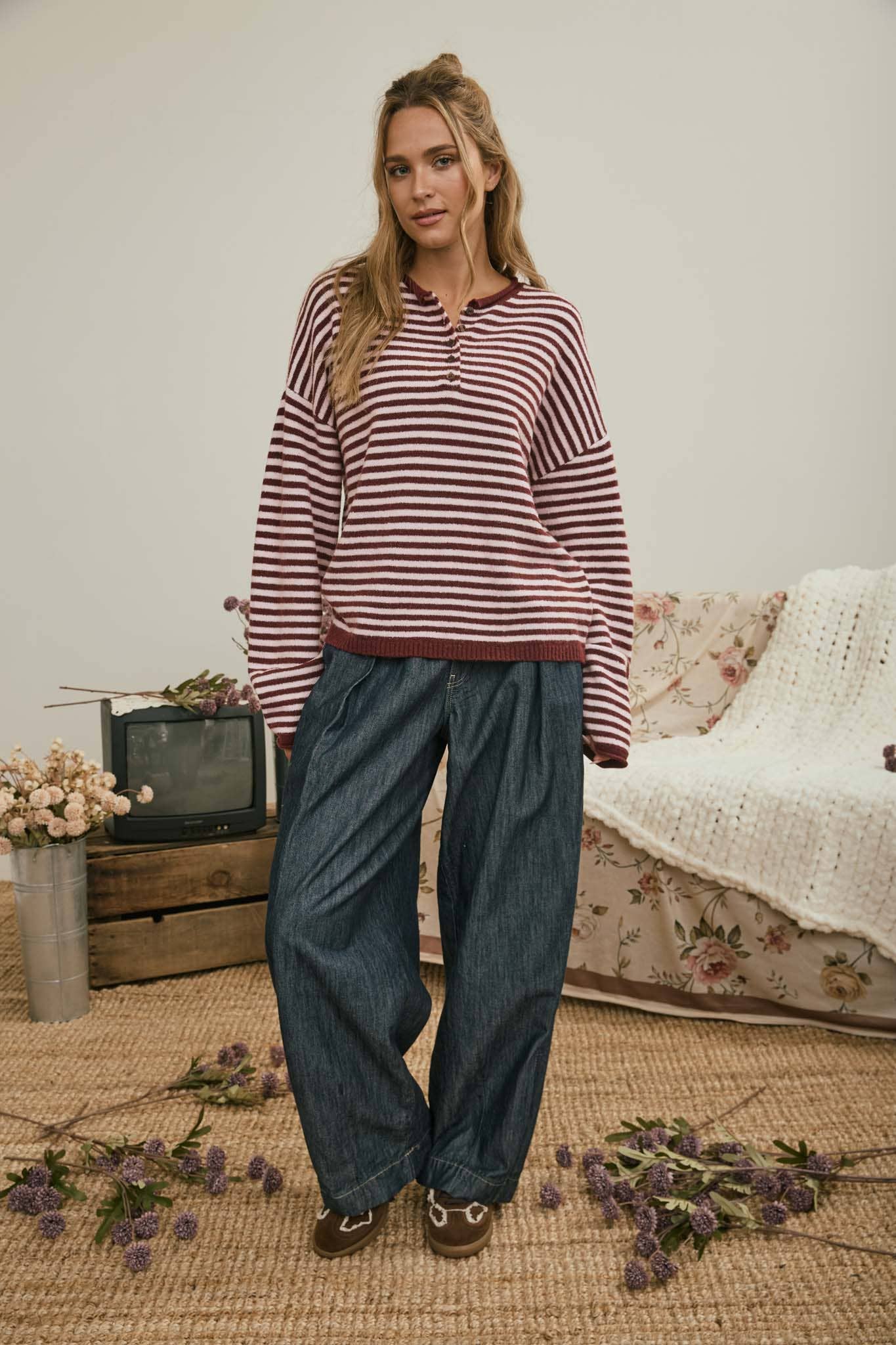 Button Henley Stripe Knit