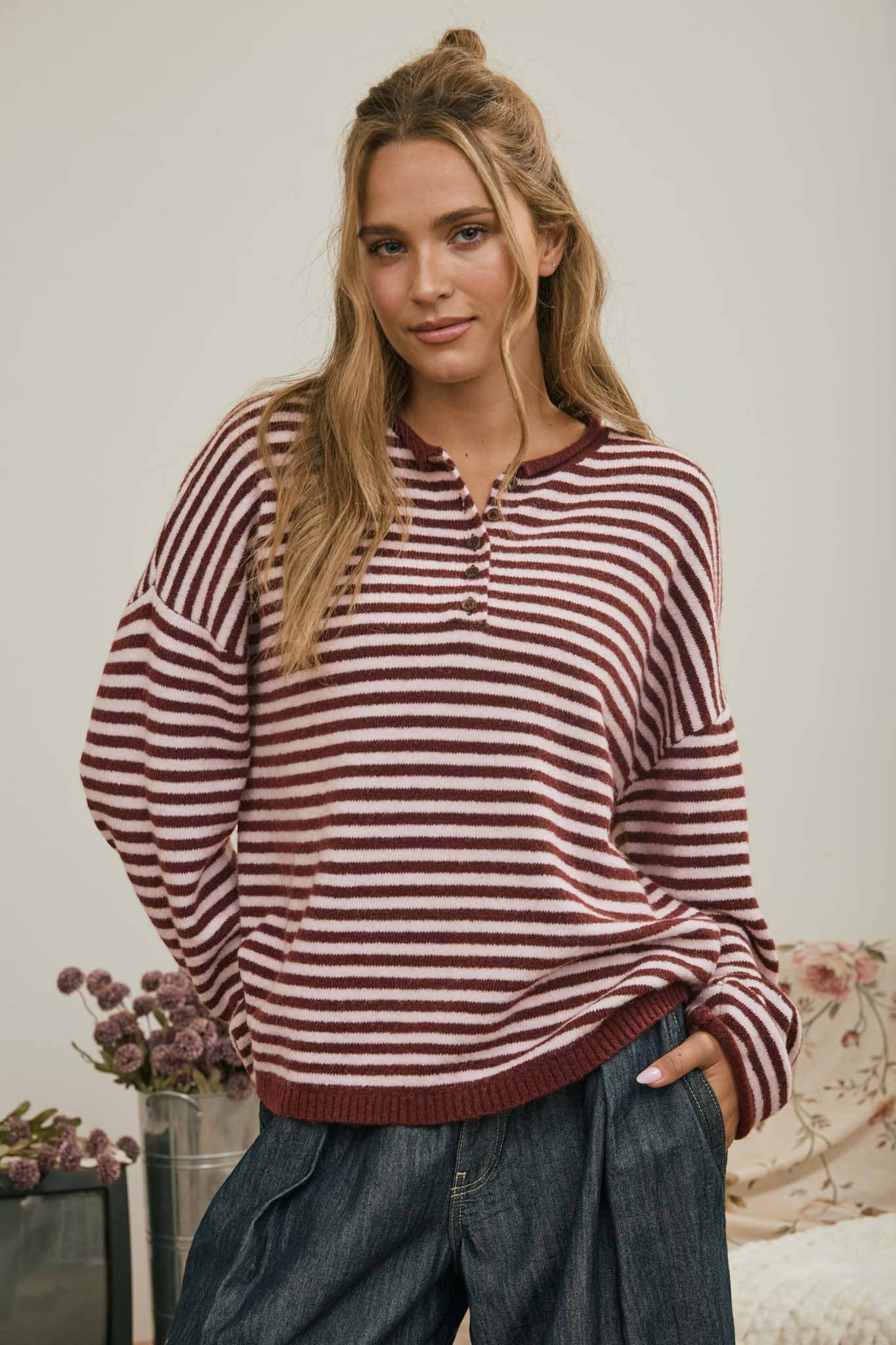 Button Henley Stripe Knit
