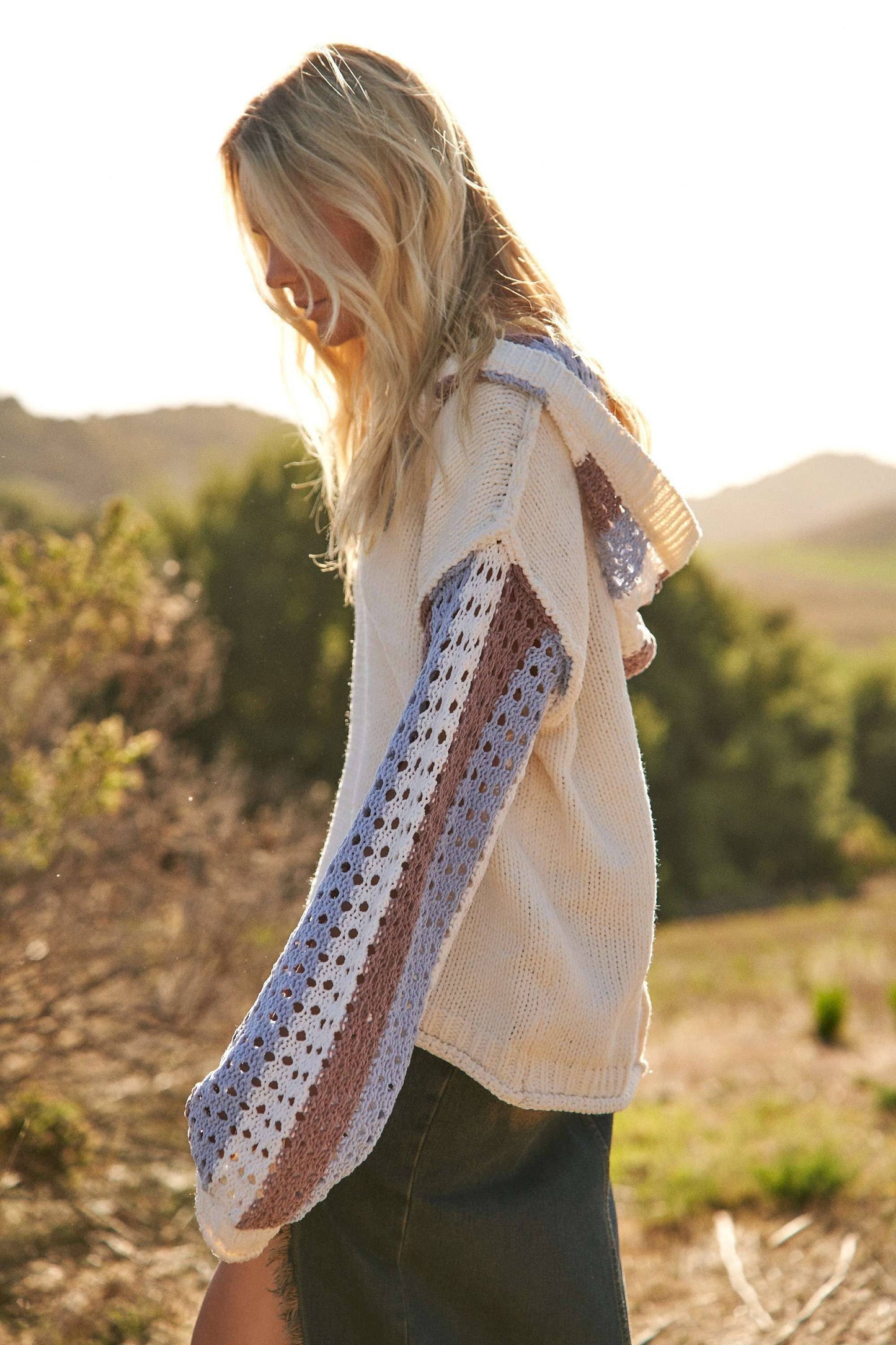 Hooded Stripe Crochet Detailed Sweater