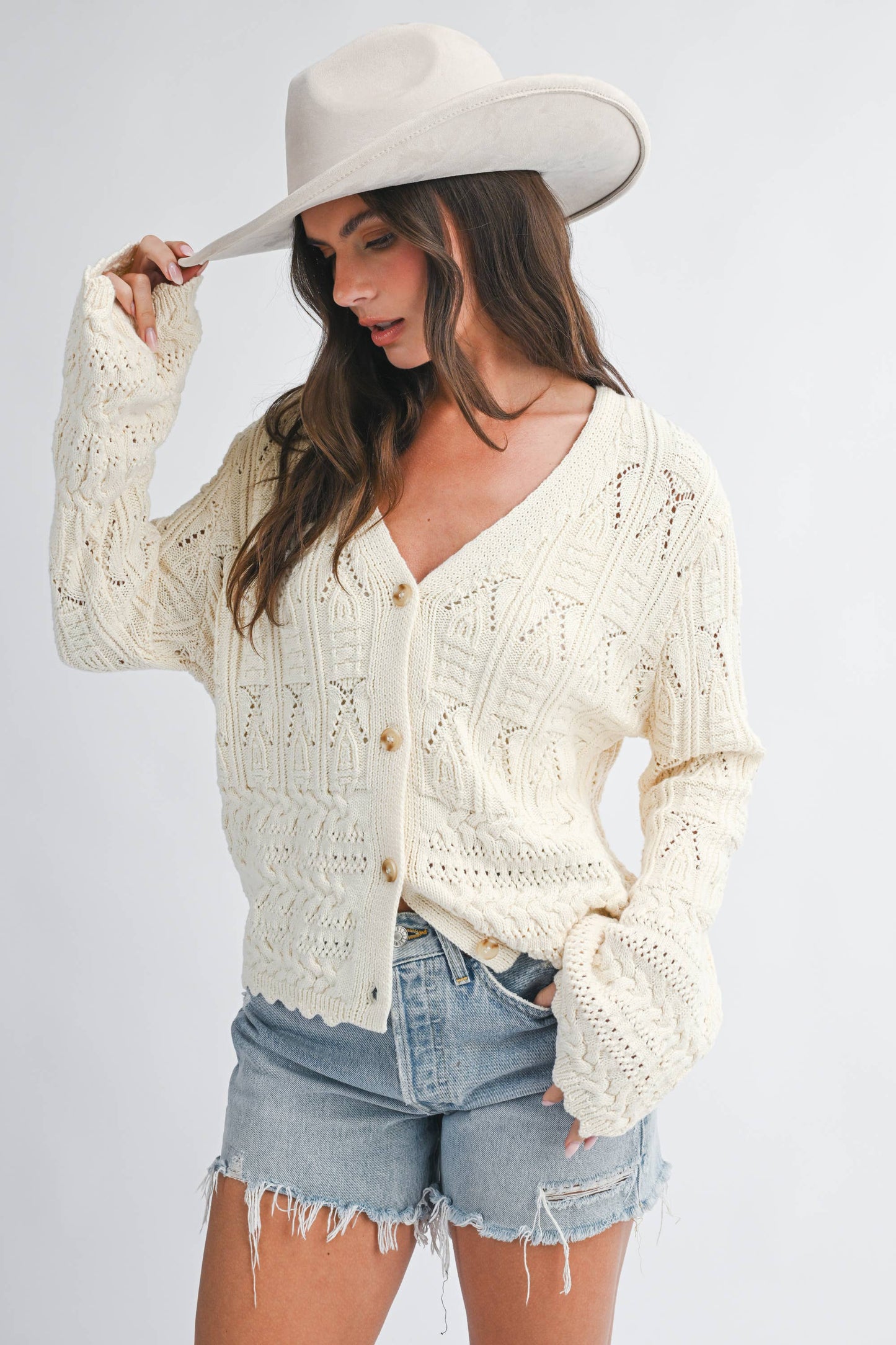 Textured Pointelle Button Front Cardigan Top