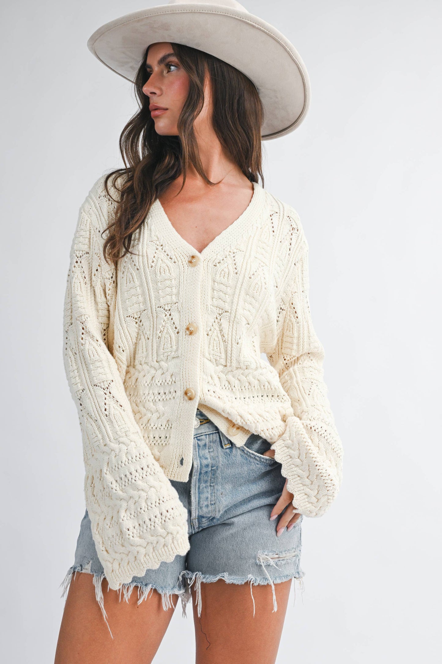 Textured Pointelle Button Front Cardigan Top