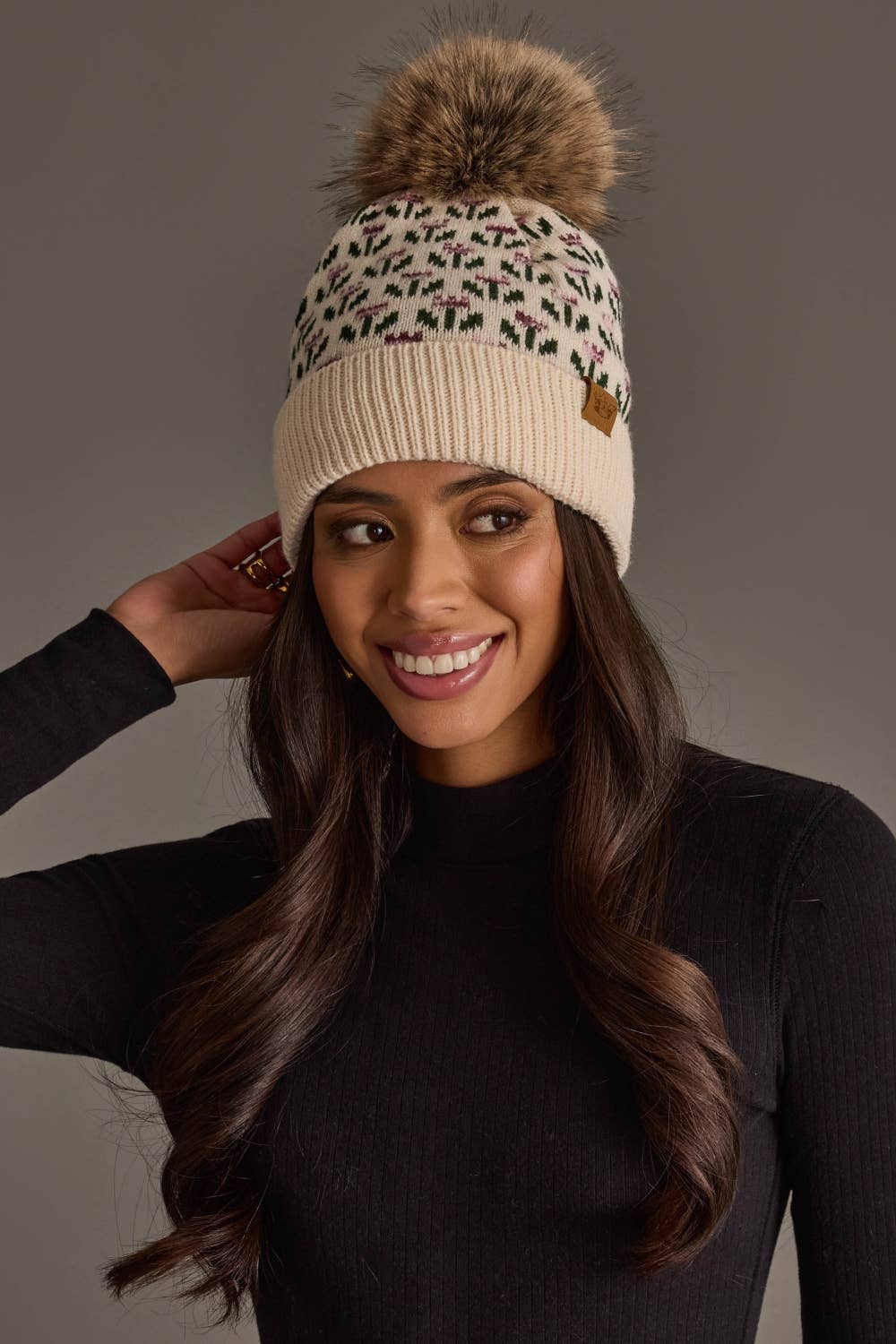 Cream Small Floral Pattern Knit Pom Hat