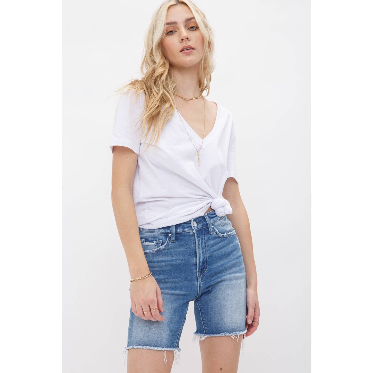 High Rise Stretch Midi Shorts - Vintage Style