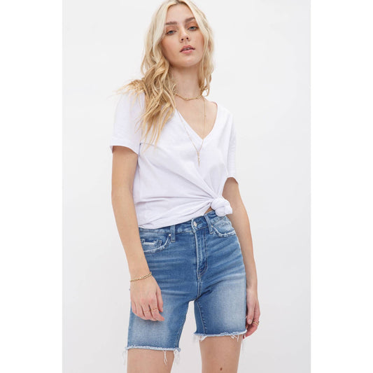 High Rise Stretch Midi Shorts - Vintage Style