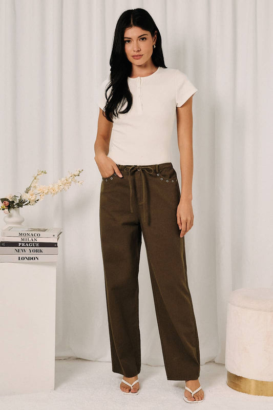 Mid Rise Grommet Pocket Drawstring Straight Leg Pants