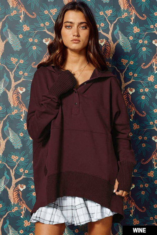 French Terry Oversized Solid Hoodie Top