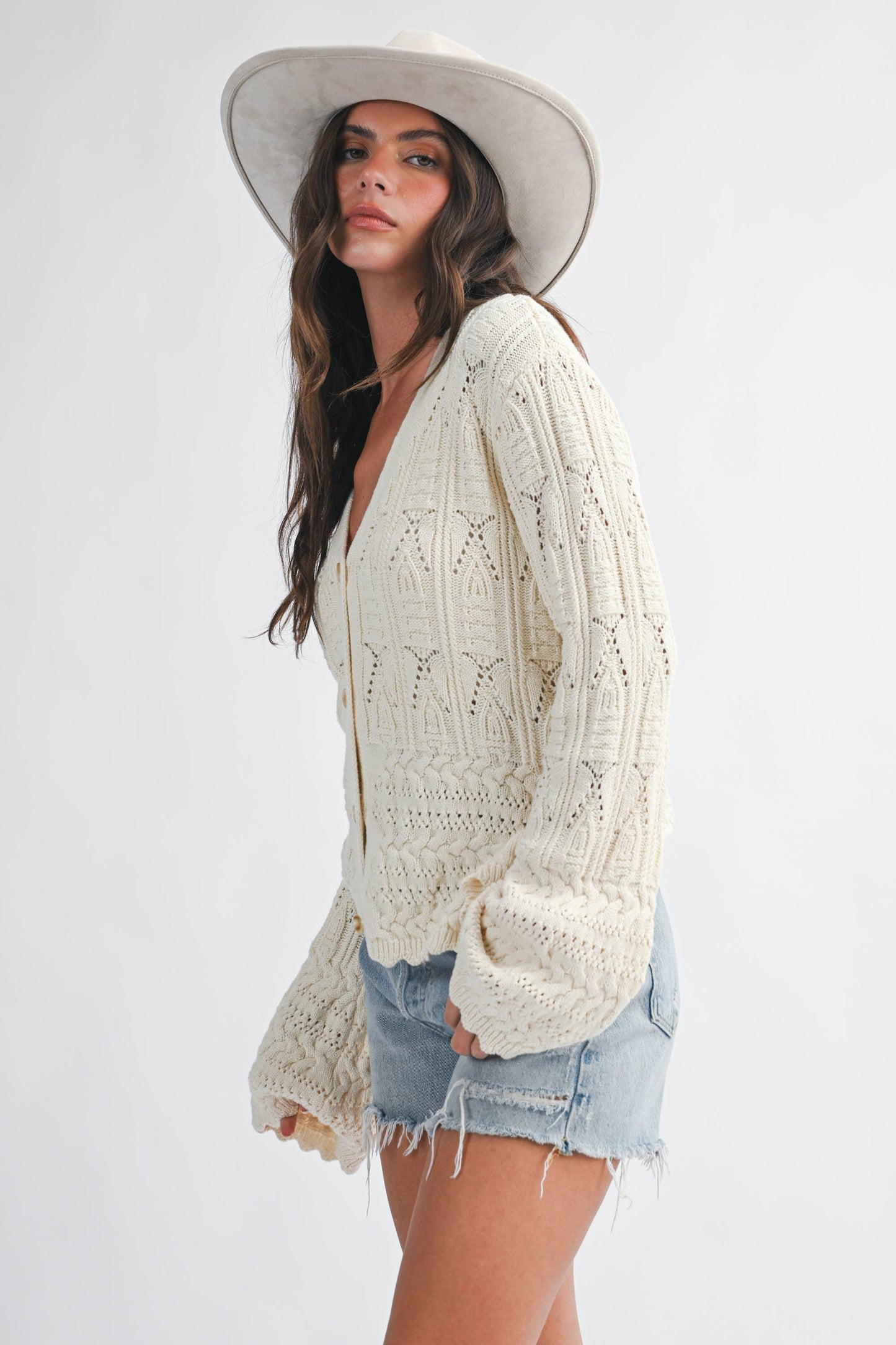 Textured Pointelle Button Front Cardigan Top