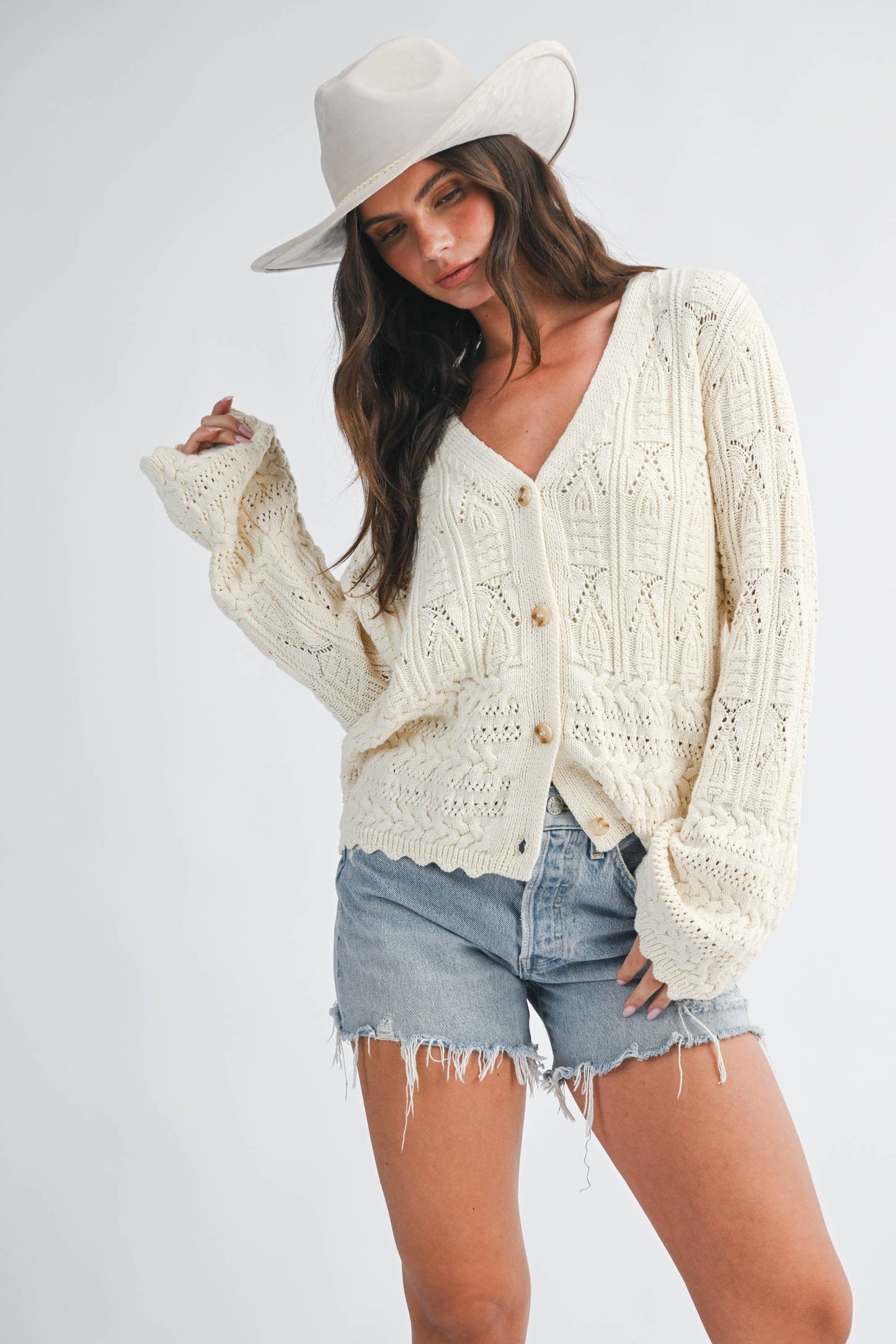 Textured Pointelle Button Front Cardigan Top