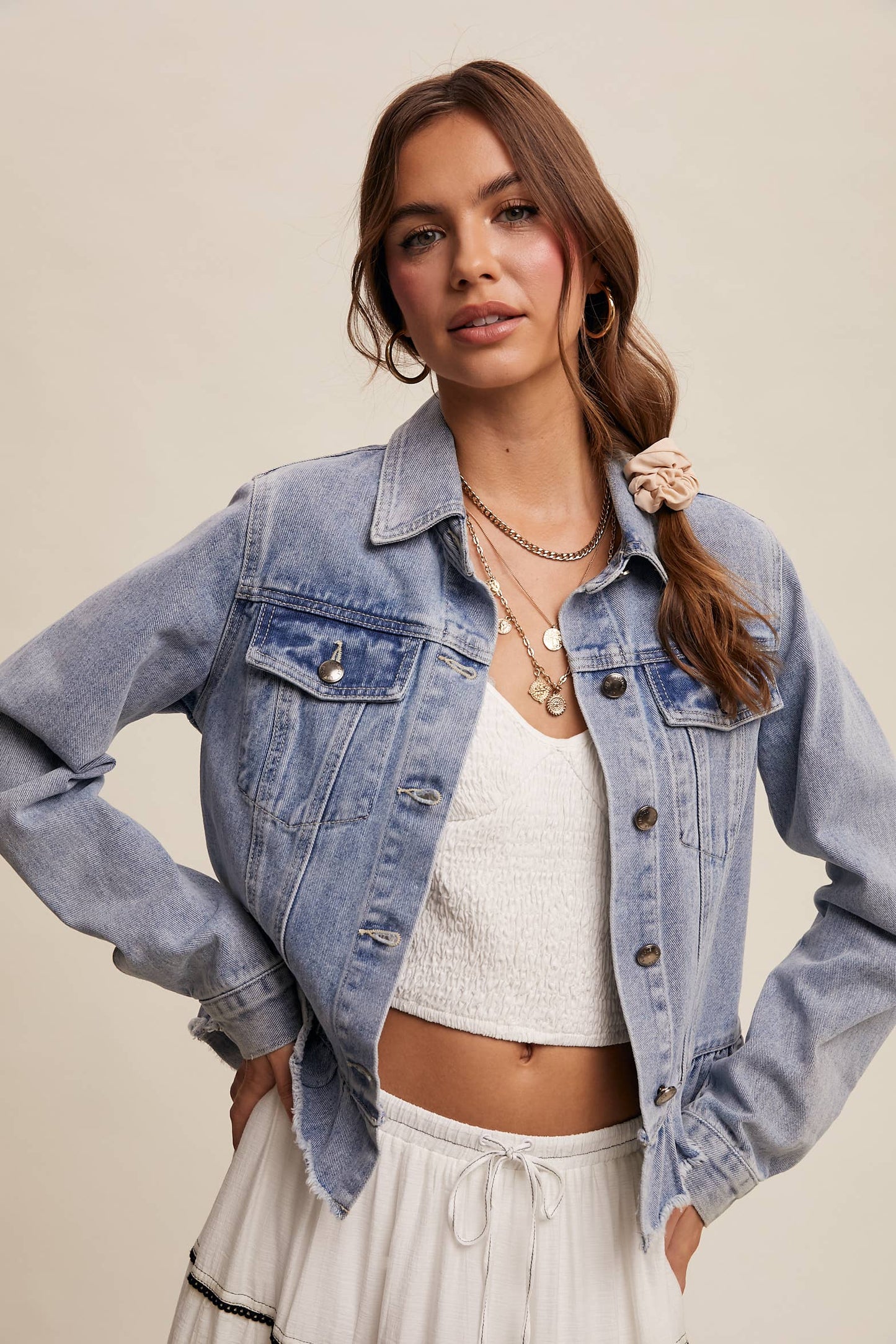 Ruffled Hem Denim Jacket