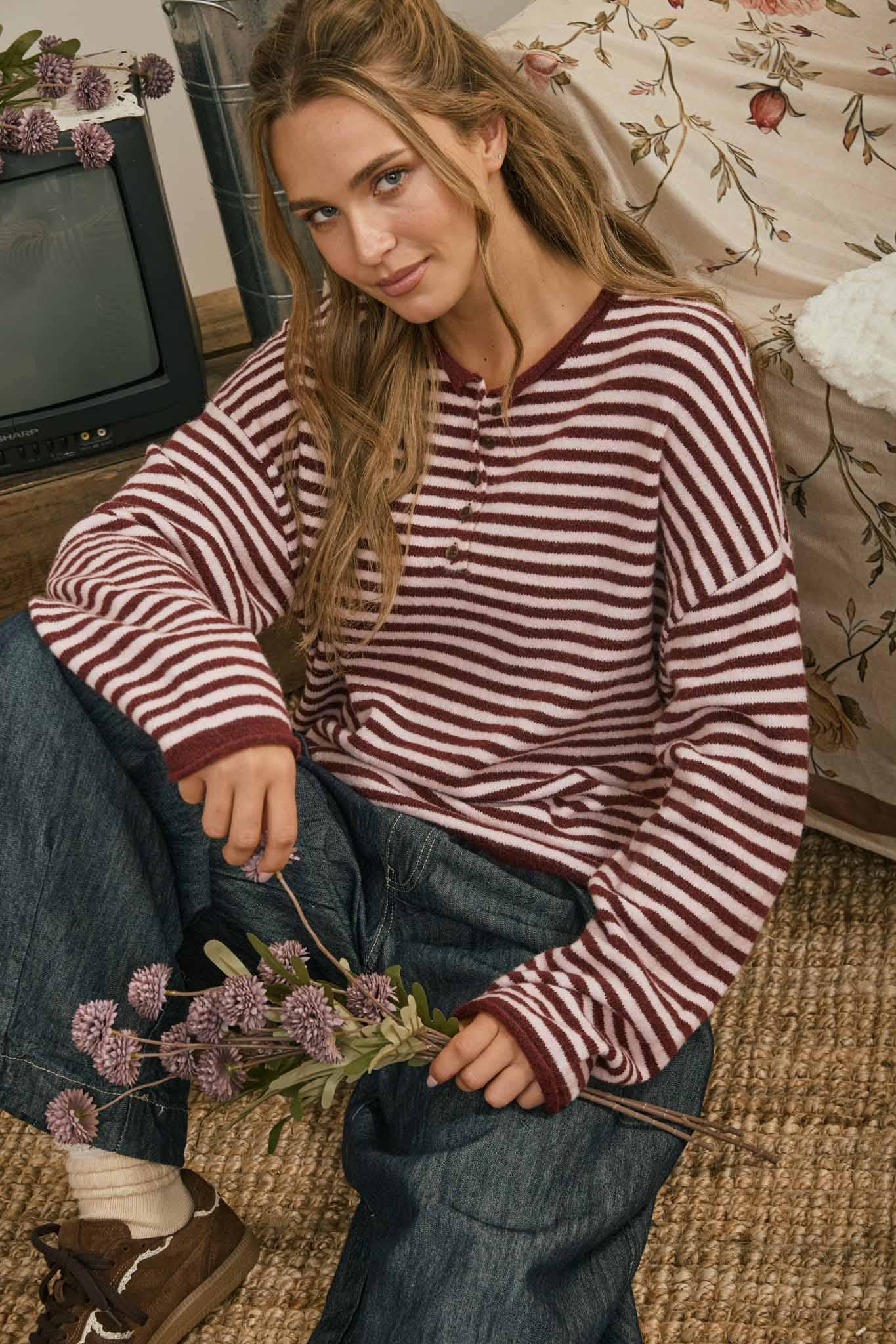 Button Henley Stripe Knit
