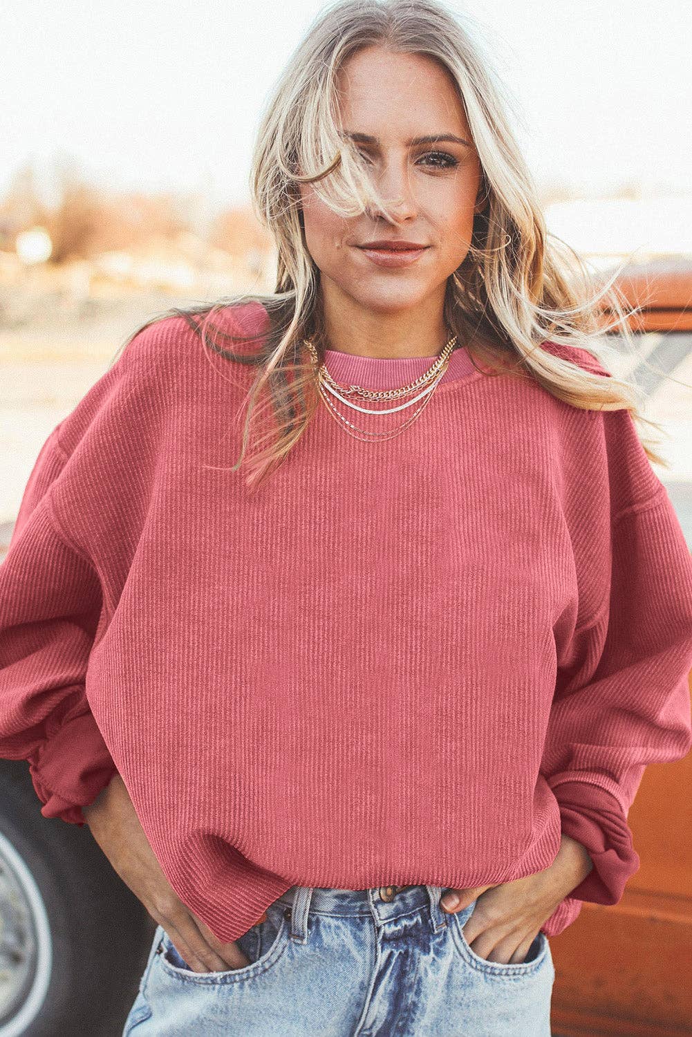 Customizable Long Sleeve Ribbed Corded Oversized Sweatshirt