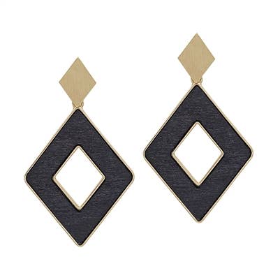 Black Wood Open Diamond and Gold 2" Earring