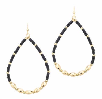 Black Wood and Gold Beaded Teardrop 2" Earring